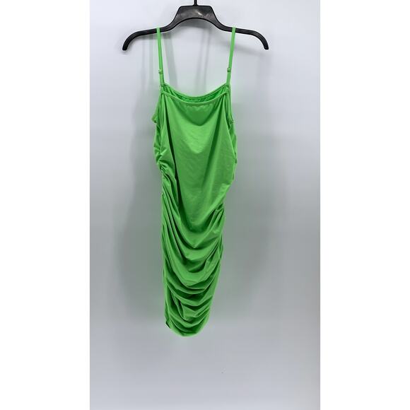 UNBRANDED Women's Lime Green Straight-Neck Ruched Bodycon Mini Dress SZ L - Picture 3 of 10